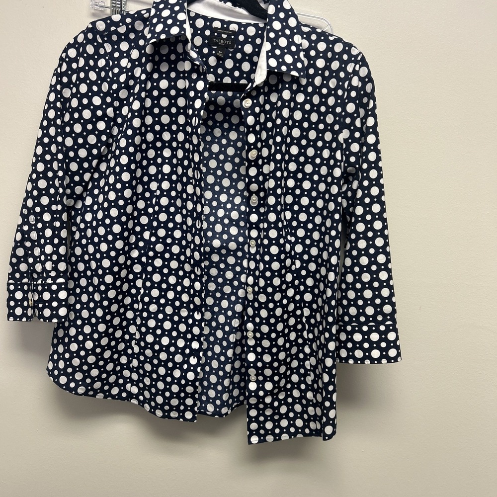 Talbots Petite Blue  White Polka Dot Button Up Shirt Women's 6 3/4 Sleeve Cruise
